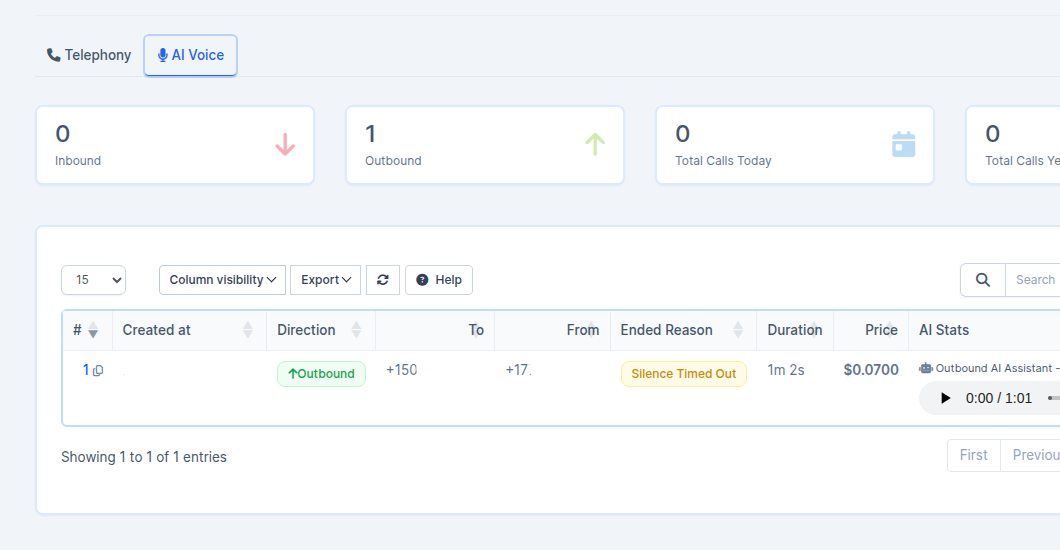 Call Logs page with AI Voice tab showing call entries with provider, duration, status and audio playback