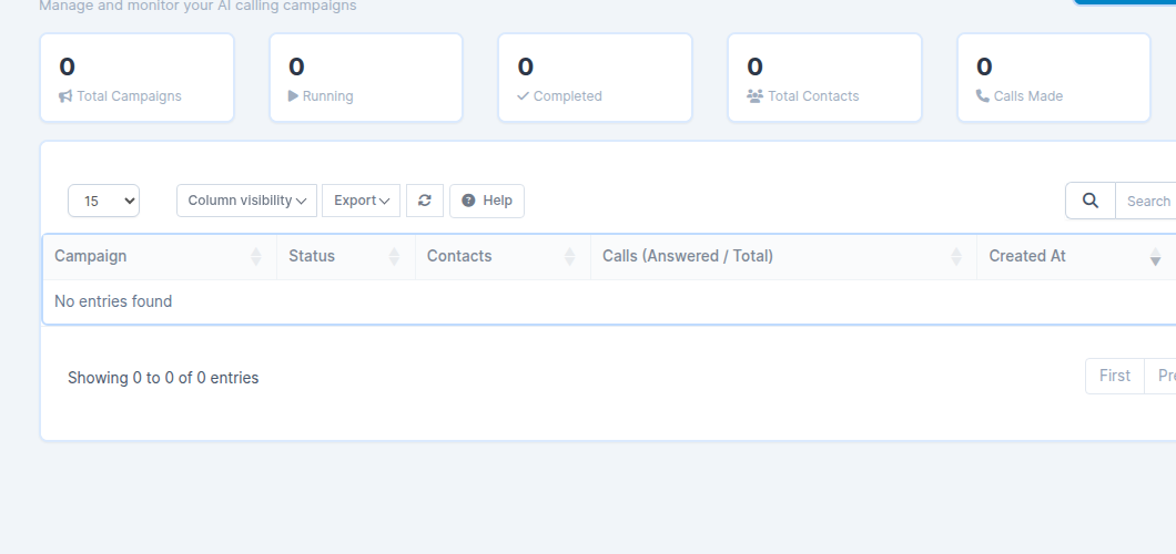 Campaigns management page with status cards, DataTable, and New Campaign button