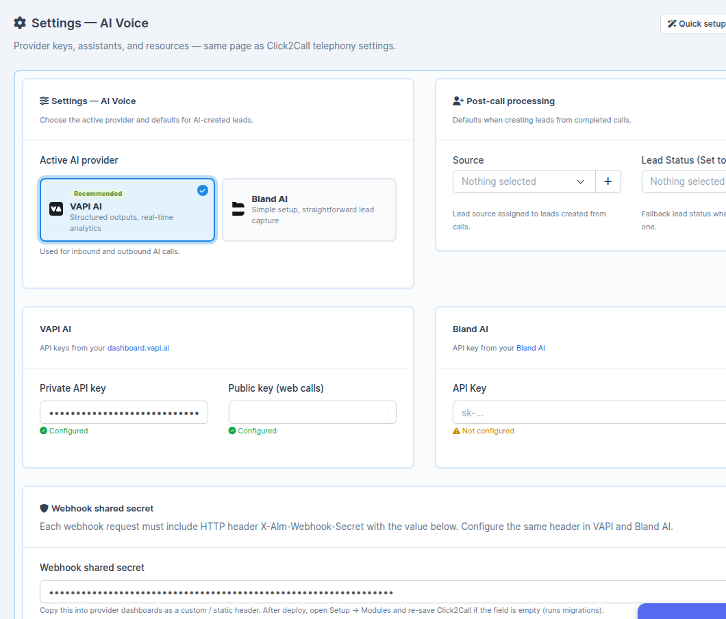 AI Voice Settings page with provider selection, API keys, and post-call defaults