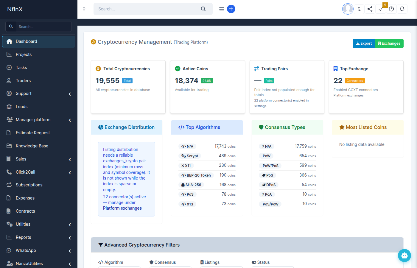 Coins page - Exchange connector count and distribution info