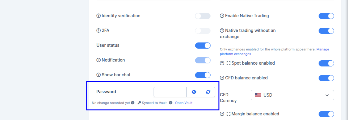 Trader Settings - Password audit trail with Vault sync status